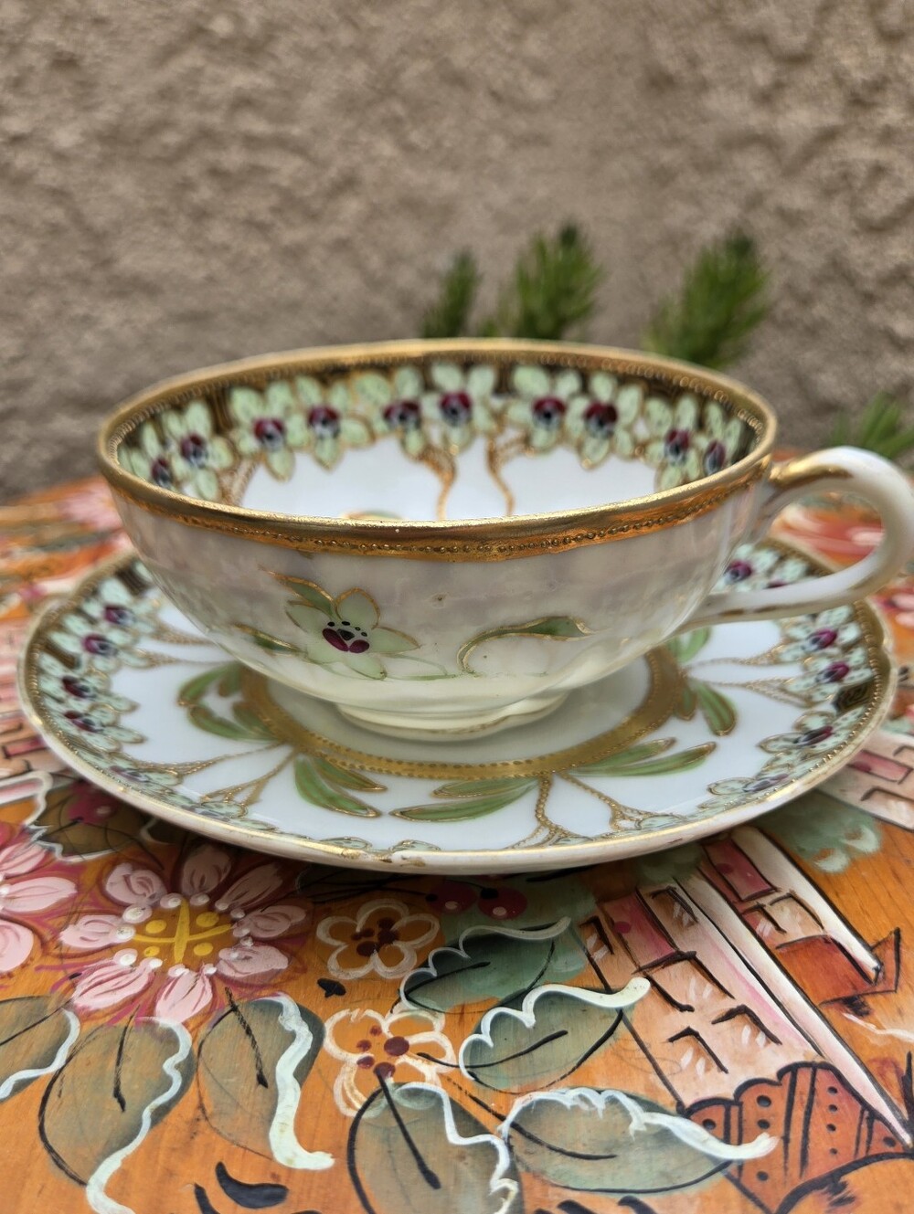 Antique Nippon Moriage Teacup Saucer Set Hand Painted Cherry Blossom Mark 1910s